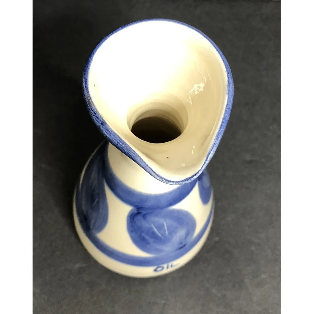 Corfu Pottery Vinegar & Oil Bottles Hand Made Blue and White Leaf Design READ